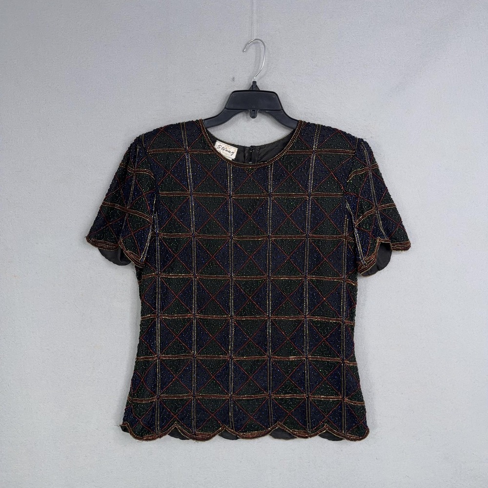 Vintage Stenay Blouse Womens Large Colorful Beaded Silk Short Sleeve Party Top